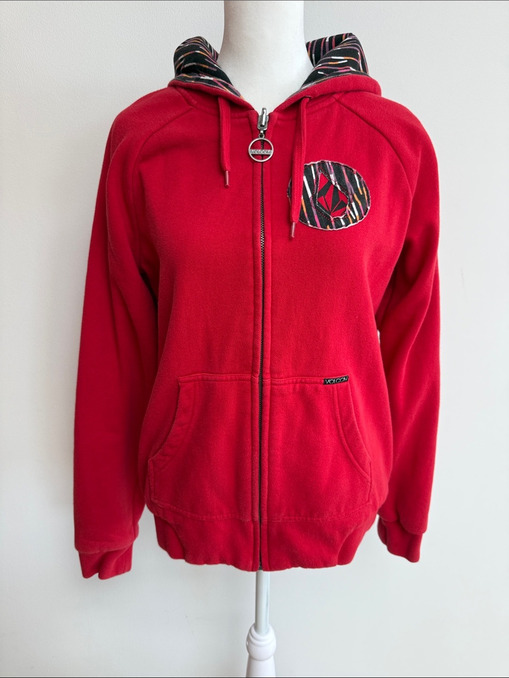 Volcom Red Zip Hoodie with Black, Pink, Purple, Orange & White Striped Trim